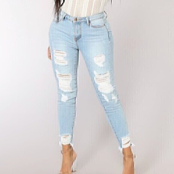 FASHION NOVA Light Wash Ripped Rips High Waisted Raw Hem Skinny Jeans / Jeggings - Picture 1 of 12